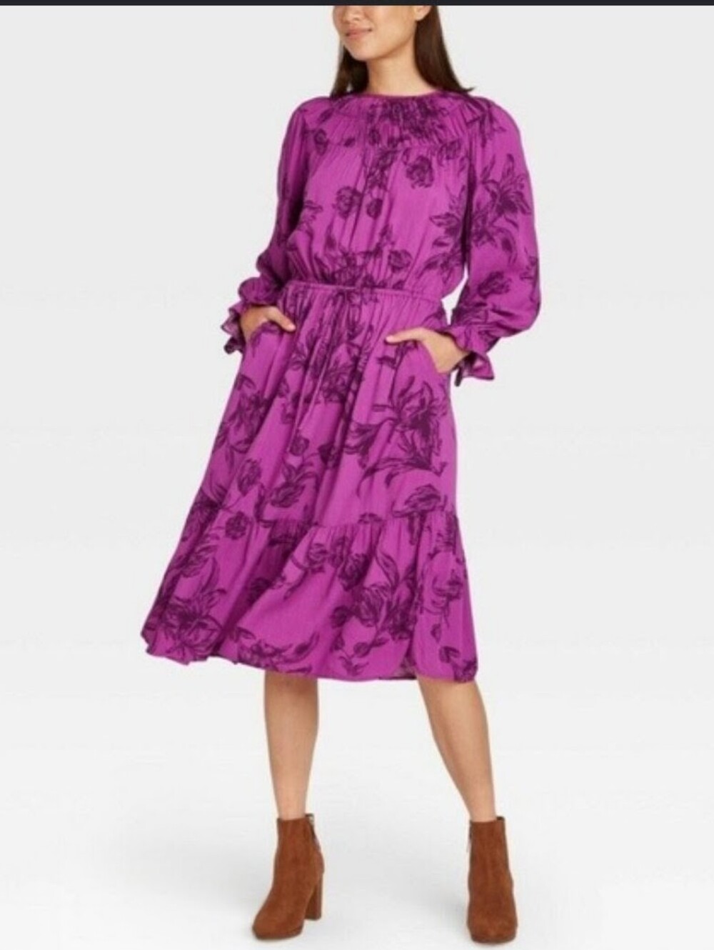 A New Day Purple Floral Long-Sleeve Midi Dress